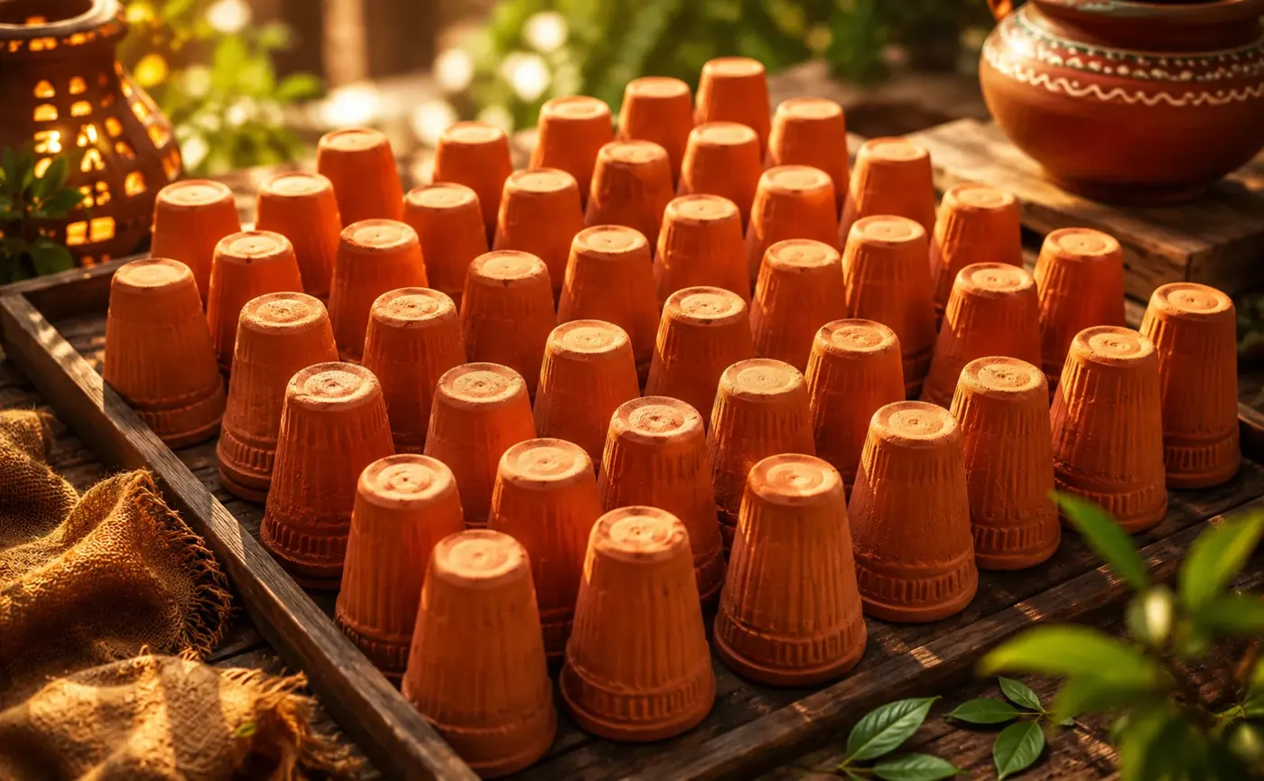 Handcrafted clay kulhads ready for use